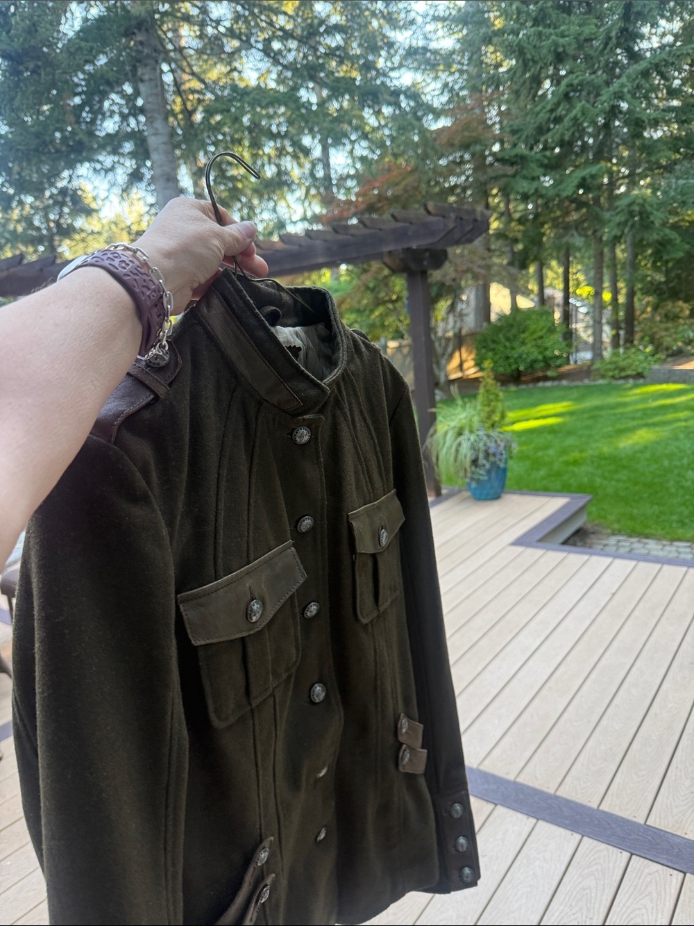 Military-Style Olive Green Button wool and leather Jacket by My Tribe size Large - Picture 5 of 15